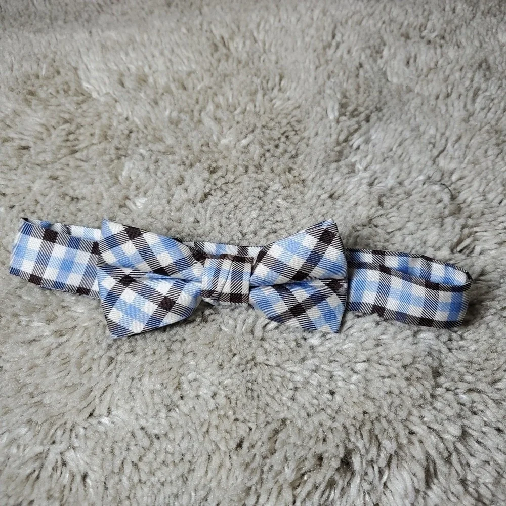 Lord & Taylor Boys Bow Tie Blue Brown Gingham Check Silk Formal Wedding Dress